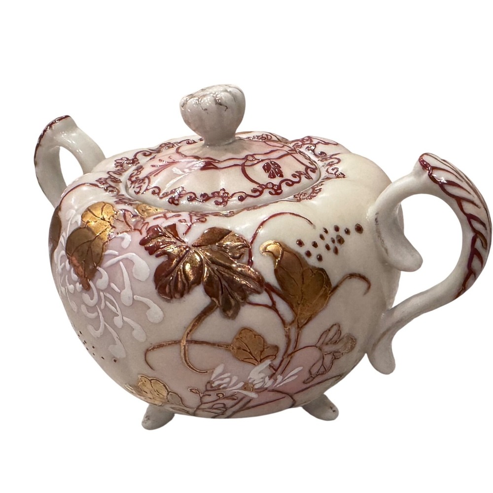 Antique Japanese‎ Melon Shaped Porcelain Sugar Bowl Gold Gilded Floral Pink red
